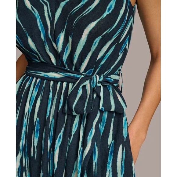Donna Karan New York Women's Printed Belted A-Line Dress Teal Navy Midi Dress 12 - Picture 3 of 11